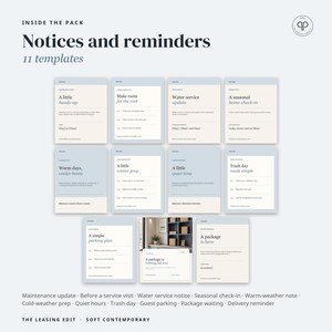 May include: A collection of 11 printable templates titled Notices and reminders, featuring light blue and cream color blocks. Each card contains specific text headers like A little heads-up, Water service update, and A package is here.