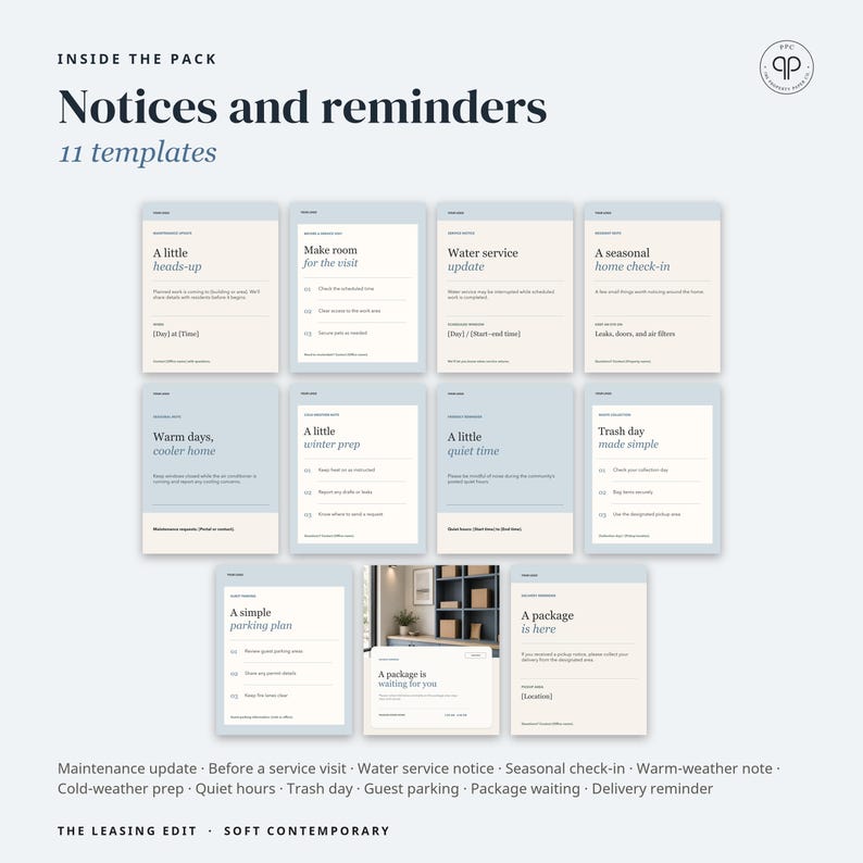 May include: A collection of 11 printable templates titled Notices and reminders, featuring light blue and cream color blocks. Each card contains specific text headers like A little heads-up, Water service update, and A package is here.