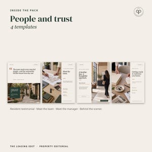 May include: A set of four digital templates titled People and trust, featuring layouts for resident testimonials, team introductions, manager profiles, and behind-the-scenes content with text, photography, and clean, professional design elements.