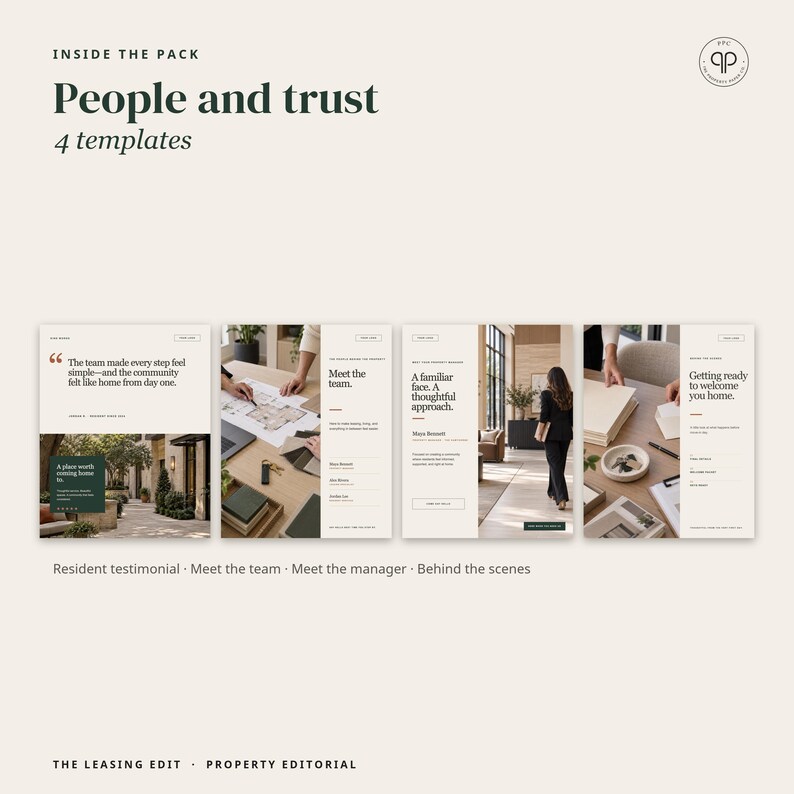 May include: A set of four digital templates titled People and trust, featuring layouts for resident testimonials, team introductions, manager profiles, and behind-the-scenes content with text, photography, and clean, professional design elements.