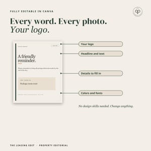 May include: A digital template for a property reminder notice, featuring a beige background with black text. The document includes sections for a logo, headline, details, and colors, with labels pointing to each editable area of the design.