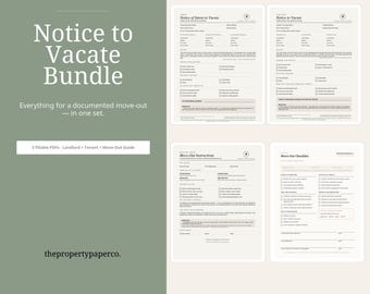 Paquete de avisos de desalojo para inquilinos y arrendadores, guía de mudanza en formato PDF rellenable.
