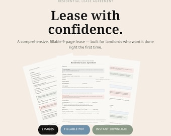 Plantilla de contrato de arrendamiento residencial, contrato de arrendamiento en PDF rellenable, contrato de alquiler editable, formulario imprimible para el propietario, personalizable con marca