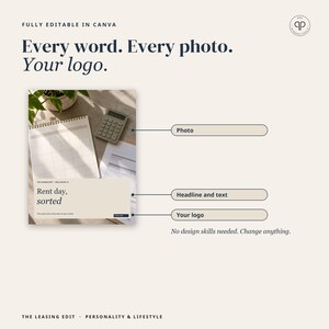 May include: A digital design template featuring the text "Every word. Every photo. Your logo." and "Fully editable in Canva." It displays a sample image with a calendar, calculator, and the text "Rent day, sorted" with labels for photo, headline, text, and logo.