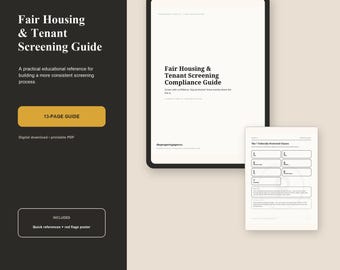 Pode incluir: Um guia digital Fair Housing & Tenant Screening com um esquema de cores preto e bege. O documento apresenta o título Fair Housing & Tenant Screening Compliance Guide, uma etiqueta 13-page guide e uma página sobre as 7 classes protegidas.