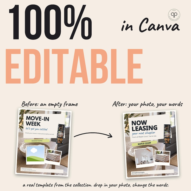 Pu&ograve; includere: Un modello digitale con il testo 100% EDITABLE in Canva. L'immagine mostra un confronto prima e dopo di un volantino, presentando una cornice vuota e una versione personalizzata con foto e il testo NOW LEASING.