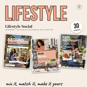 Pu&ograve; includere: Un set di prodotti digitali intitolato Lifestyle Social contenente 30 modelli. La grafica mostra tre layout di esempio con testo tra cui Around the block, desk diaries e CAF&Eacute; CATCH-UP, con fotografie di persone e caff&egrave;.