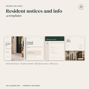 May include: A set of four digital templates titled Resident notices and info, featuring layouts for pet-friendly features, friendly reminders, maintenance updates, and office hours with text and imagery on a light beige background.