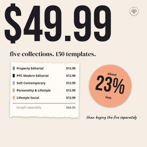 Pu&ograve; includere: Un grafico digitale che mostra un pacchetto di cinque collezioni con 150 modelli a 49,99 $. Elenca Property Editorial, PPC Modern Editorial, Soft Contemporary, Personality & Lifestyle e Lifestyle Social, indicando un risparmio del 23%.
