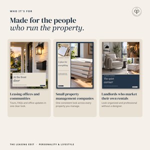 May include: A marketing graphic titled Who It's For, Made for the people who run the property. It features three panels: At the front door, A place for everything, and The quiet corner, showcasing property management resources for leasing offices and landlords.