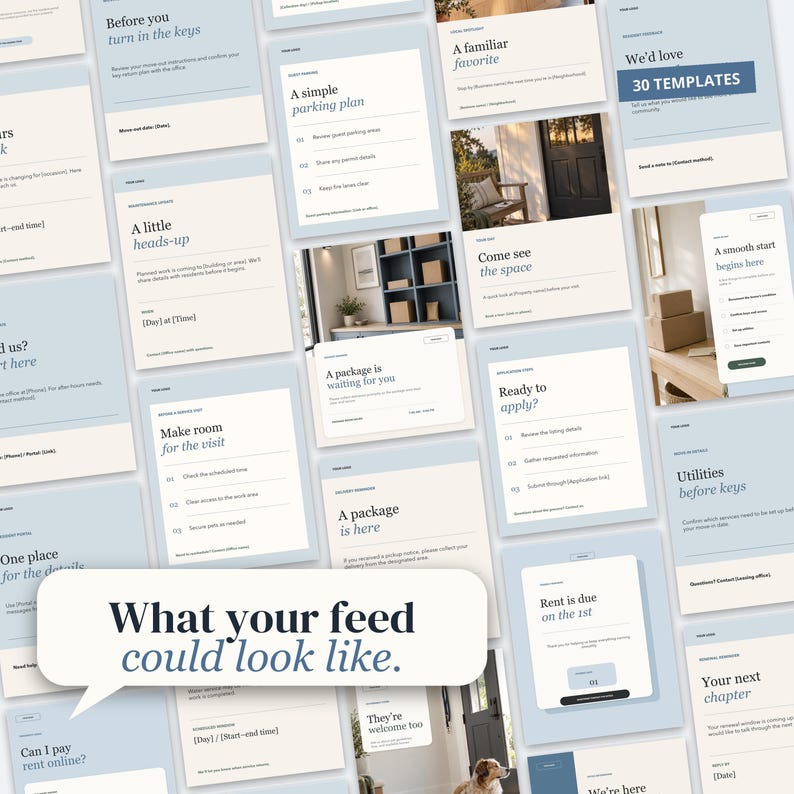 May include: A collection of light blue and white digital templates for property management communication, featuring text such as 'A simple parking plan', 'A package is waiting for you', and a large speech bubble stating 'What your feed could look like.'