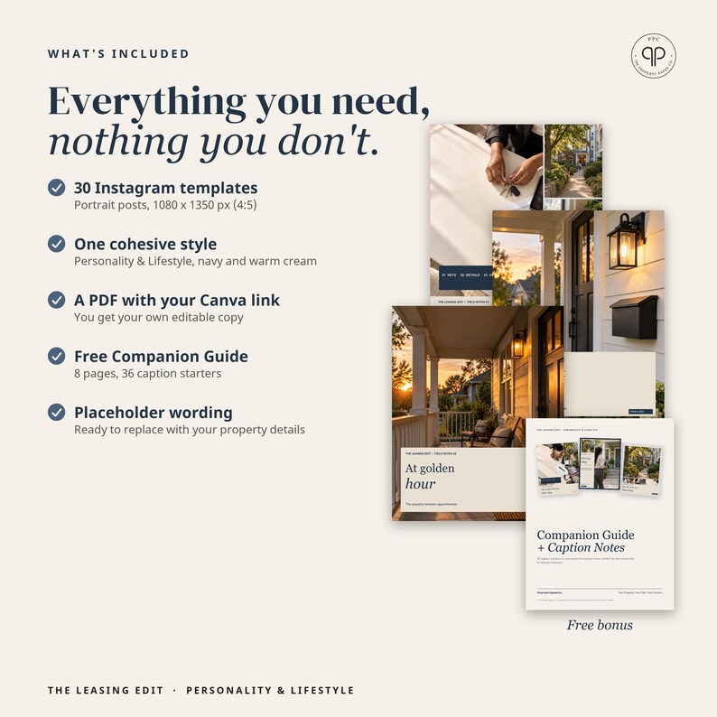 May include: A digital marketing kit featuring 30 Instagram templates in a 1080 x 1350 px format, a PDF with a Canva link, and an 8-page companion guide. The text reads: Everything you need, nothing you don't. The Leasing Edit.