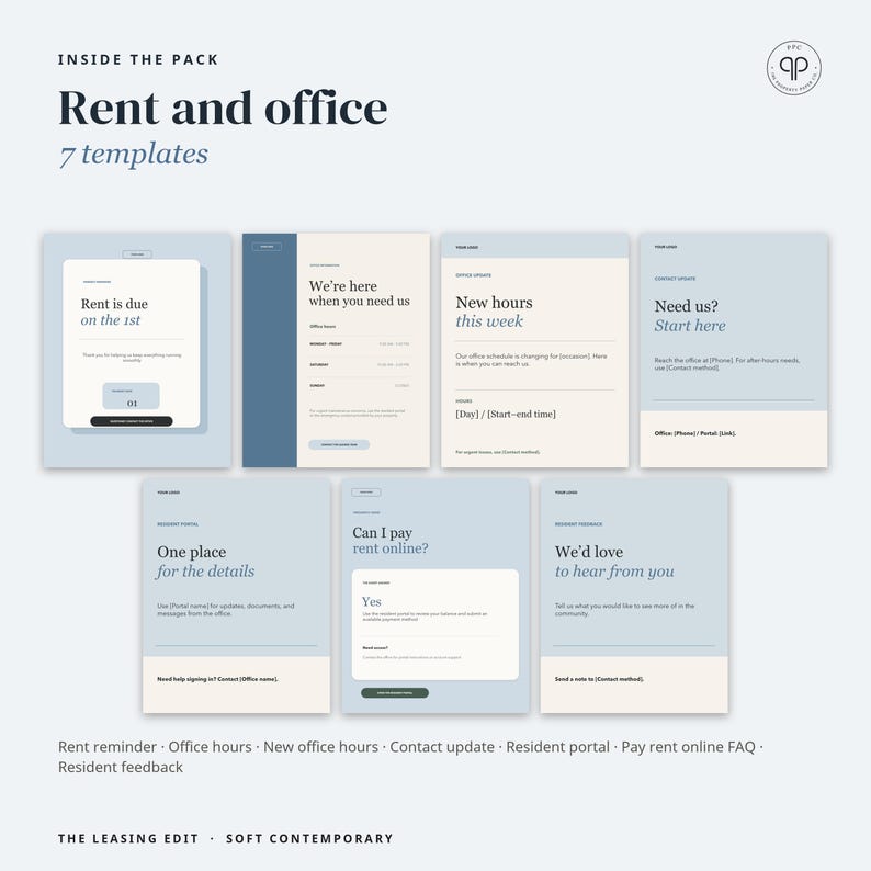 May include: A set of seven digital templates titled Rent and office, featuring light blue and cream color schemes. The templates include text for rent reminders, office hours, contact updates, resident portals, online payment FAQs, and feedback.