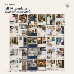 May include: A collection of 30 social media templates featuring a cohesive design with beige and dark blue color blocks. The text reads AT A GLANCE, All 30 templates. One cohesive look., and THE LEASING EDIT. Each template displays various lifestyle images.