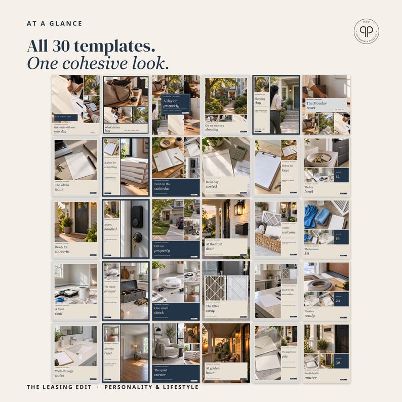 May include: A collection of 30 social media templates featuring a cohesive design with beige and dark blue color blocks. The text reads AT A GLANCE, All 30 templates. One cohesive look., and THE LEASING EDIT. Each template displays various lifestyle images.