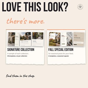 Pu&ograve; includere: Una grafica digitale con il testo LOVE THIS LOOK? there's more. Mostra due set di modelli per social media: la Signature Collection con 30 modelli e la Fall Special Edition con 6 post stagionali. Il testo recita find them in the shop.