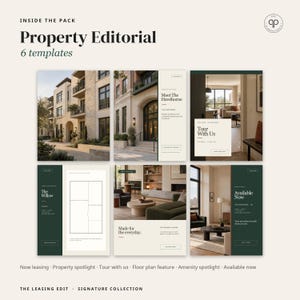 May include: A digital collection of six Property Editorial templates featuring architectural photography, interior design layouts, floor plans, and text overlays including Meet The Hawthorne, Tour With Us, The Willow, and Available Now.