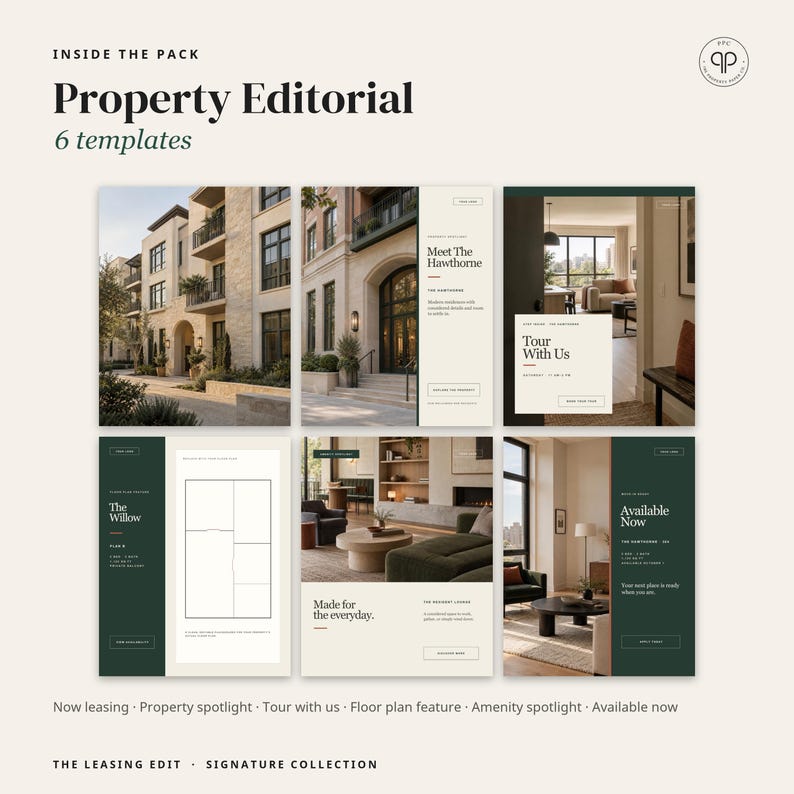 May include: A digital collection of six Property Editorial templates featuring architectural photography, interior design layouts, floor plans, and text overlays including Meet The Hawthorne, Tour With Us, The Willow, and Available Now.