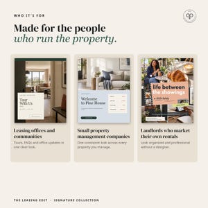 May include: A marketing graphic titled Who It's For: Made for the people who run the property. It displays three panels showcasing website templates for leasing offices, property management companies, and landlords with text and imagery.
