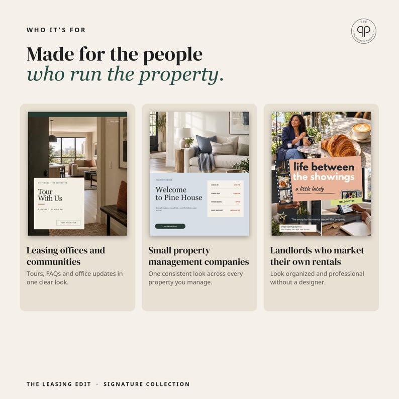 May include: A marketing graphic titled Who It's For: Made for the people who run the property. It displays three panels showcasing website templates for leasing offices, property management companies, and landlords with text and imagery.