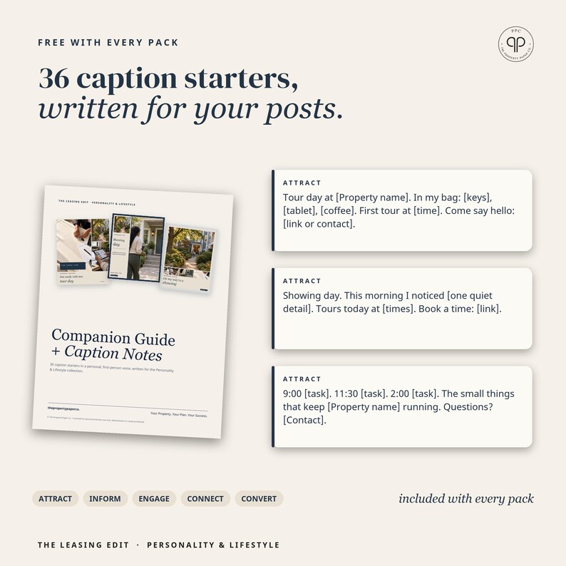 May include: A digital guide titled Companion Guide + Caption Notes featuring 36 caption starters. The document includes three example text boxes labeled Attract with placeholders for property details, tasks, and contact information.