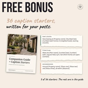 Pu&ograve; includere: Una guida digitale intitolata Companion Guide + Caption Starters contenente 36 spunti per didascalie di post sui social media. Il documento include modelli per locazioni, planimetrie e quartieri con segnaposto per i dettagli della propriet&agrave;.