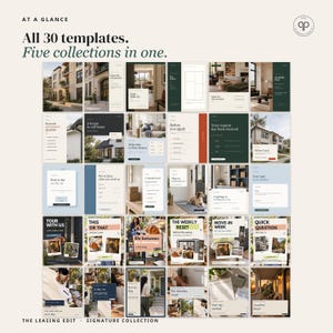 May include: A collection of 30 digital social media templates for property leasing, featuring various layouts with text such as At a Glance, All 30 templates, Five collections in one, and The Leasing Edit Signature Collection.