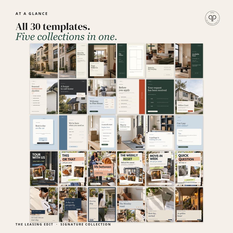 May include: A collection of 30 digital social media templates for property leasing, featuring various layouts with text such as At a Glance, All 30 templates, Five collections in one, and The Leasing Edit Signature Collection.