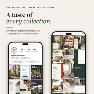 May include: Two smartphones displaying a grid of 30 editable Instagram templates for property leasing. The text reads: THE LEASING EDIT, SIGNATURE COLLECTION, A taste of every collection, 30 editable Instagram templates, a sample of each of our five collections.