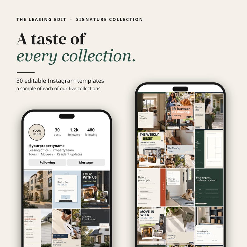 May include: Two smartphones displaying a grid of 30 editable Instagram templates for property leasing. The text reads: THE LEASING EDIT, SIGNATURE COLLECTION, A taste of every collection, 30 editable Instagram templates, a sample of each of our five collections.