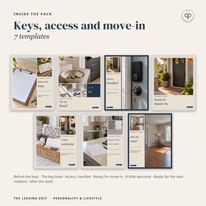 May include: A digital collection of 7 templates titled Keys, access and move-in. The set features various layouts displaying images of keys, door locks, home interiors, and welcome baskets, with text labels including Before the keys, The key bowl, Access, handled, Ready for move-in, A little welcome, Ready for the next resident, and After the reset.