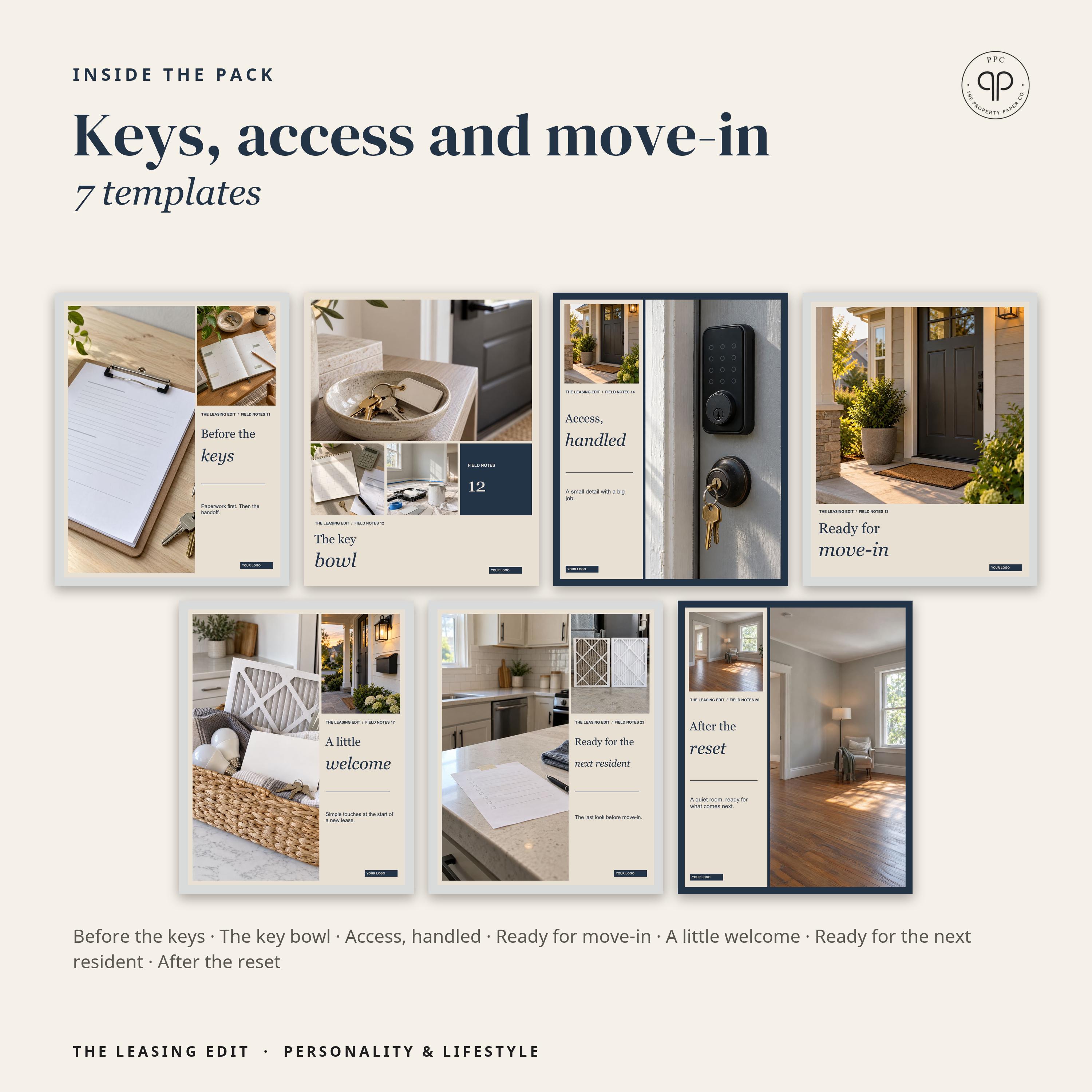 May include: A digital collection of 7 templates titled Keys, access and move-in. The set features various layouts displaying images of keys, door locks, home interiors, and welcome baskets, with text labels including Before the keys, The key bowl, Access, handled, Ready for move-in, A little welcome, Ready for the next resident, and After the reset.