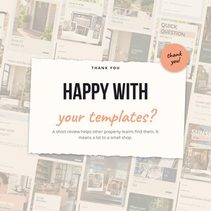 Pu&ograve; includere: Una carta rettangolare bianca con bordi strappati che presenta il testo nero THANK YOU, HAPPY WITH your templates?, e A short review helps other property teams find them. It means a lot to a small shop. Un adesivo rotondo color pesca dice thank you!