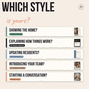 Pu&ograve; includere: Un grafico intitolato WHICH STYLE is yours? che presenta cinque righe orizzontali con bordi di carta strappata. Ogni riga elenca una domanda e una categoria di stile, tra cui Property Editorial, PPC Modern Editorial, Soft Contemporary, Personality & Lifestyle e Lifestyle Social, insieme a piccole miniature di layout di documenti.