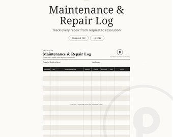 Registro de mantenimiento y reparaciones / Rastreador de propiedades de alquiler para propietarios / PDF rellenable + Hoja de cálculo de Excel editable / Descarga instantánea