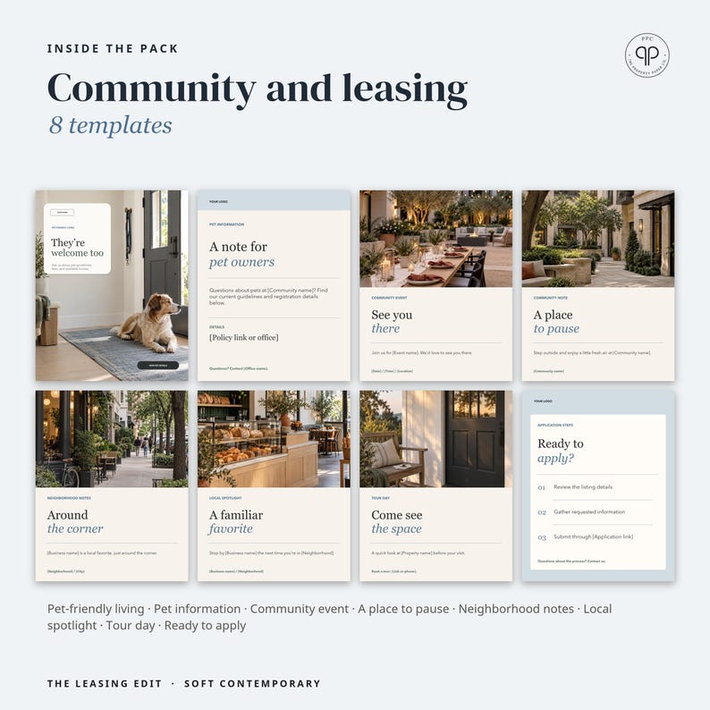 May include: A digital collection of 8 templates titled Community and leasing, featuring various layouts with text and imagery for property management, including sections for pet policies, community events, and application steps.