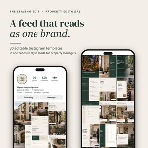 May include: Two smartphones display 30 editable Instagram templates for property managers. The screens show a social media profile and a grid of posts featuring dark green and cream color schemes, interior photography, and text.