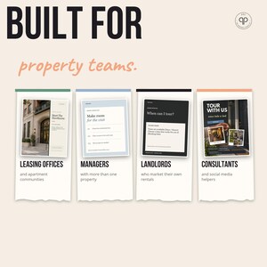 Pu&ograve; includere: Una visualizzazione grafica con il testo BUILT FOR property teams. Quattro pannelli verticali presentano modelli digitali etichettati LEASING OFFICES, MANAGERS, LANDLORDS e CONSULTANTS, ognuno dei quali mostra layout distinti per la gestione immobiliare.