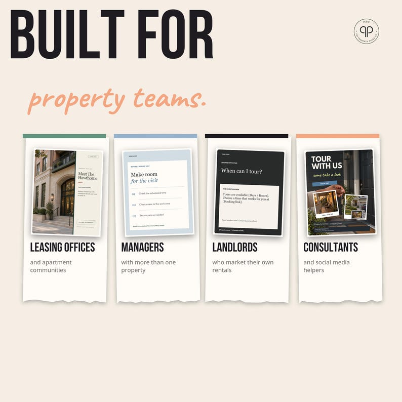 Pu&ograve; includere: Una visualizzazione grafica con il testo BUILT FOR property teams. Quattro pannelli verticali presentano modelli digitali etichettati LEASING OFFICES, MANAGERS, LANDLORDS e CONSULTANTS, ognuno dei quali mostra layout distinti per la gestione immobiliare.
