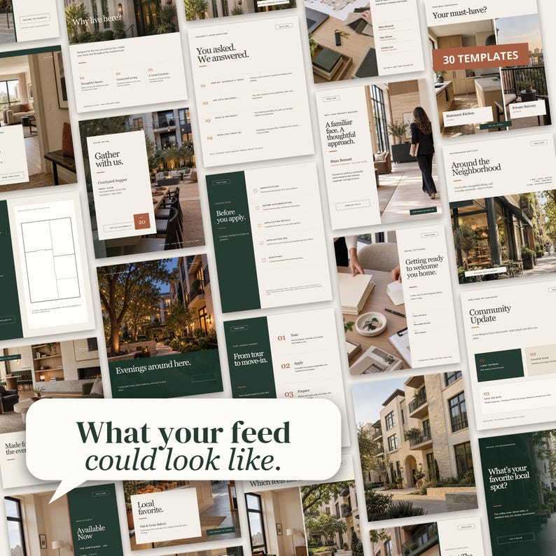 May include: A collection of digital marketing templates for apartment communities featuring a cream and dark green color palette. The layouts include text headers like 'Gather with us', 'Evenings around here', and 'What your feed could look like.'