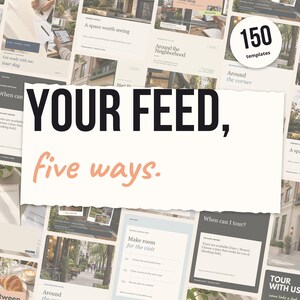 Pu&ograve; includere: Una collezione di 150 modelli digitali per social media con un collage di vari layout su sfondi beige, bianchi e grigio scuro. Il testo centrale recita YOUR FEED, five ways. in caratteri neri e arancioni.