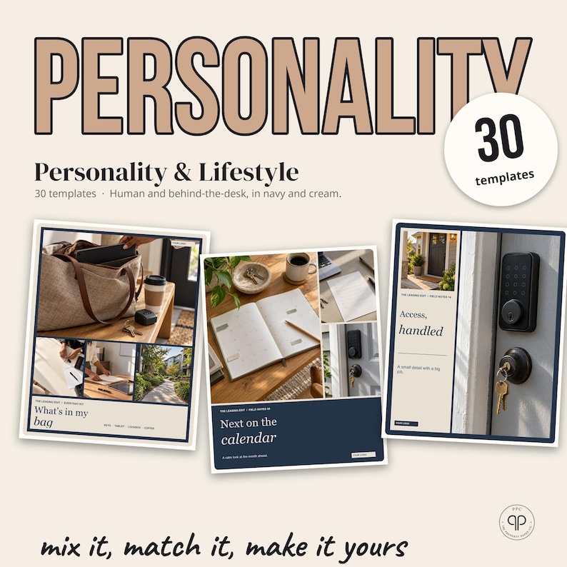 Pu&ograve; includere: Un set di 30 modelli digitali intitolati Personality & Lifestyle in blu navy e crema. I modelli mostrano vari layout tra cui una borsa, un calendario e una serratura con il testo Access, handled.