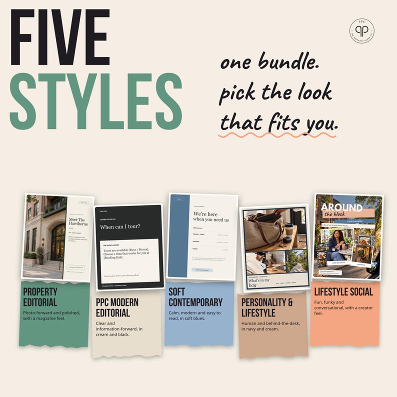 Pu&ograve; includere: Un pacchetto di design digitale che presenta cinque distinti stili di layout per siti web etichettati come Property Editorial, PPC Modern Editorial, Soft Contemporary, Personality & Lifestyle e Lifestyle Social, con il testo Five Styles.