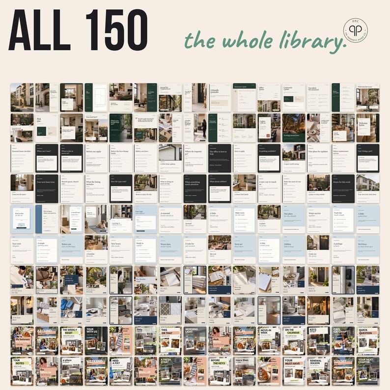 Pu&ograve; includere: Una collezione digitale di 150 modelli per social media con il testo ALL 150 the whole library. La griglia mostra vari layout con tavolozze di colori neutri, tra cui beige, verde scuro e azzurro, con immagini di design d'interni.