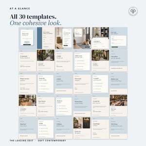 May include: A collection of 30 digital social media templates arranged in a grid, featuring light blue and cream color blocks with text headers like At a Glance, All 30 templates, One cohesive look, and The Leasing Edit Soft Contemporary.