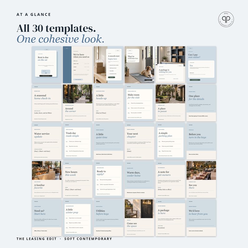 May include: A collection of 30 digital social media templates arranged in a grid, featuring light blue and cream color blocks with text headers like At a Glance, All 30 templates, One cohesive look, and The Leasing Edit Soft Contemporary.