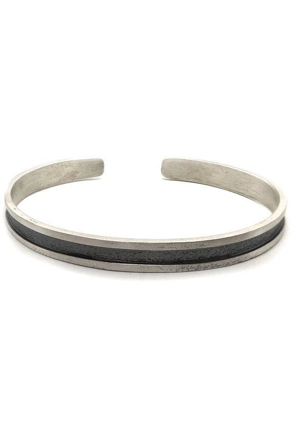 Handcrafted Sterling Silver Line Cuff Bracelet, Adjustable Oxidized Bangle