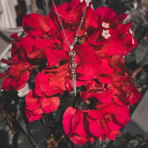 May include: A silver necklace with a detailed pendant hangs from a cluster of vibrant red bougainvillea flowers.