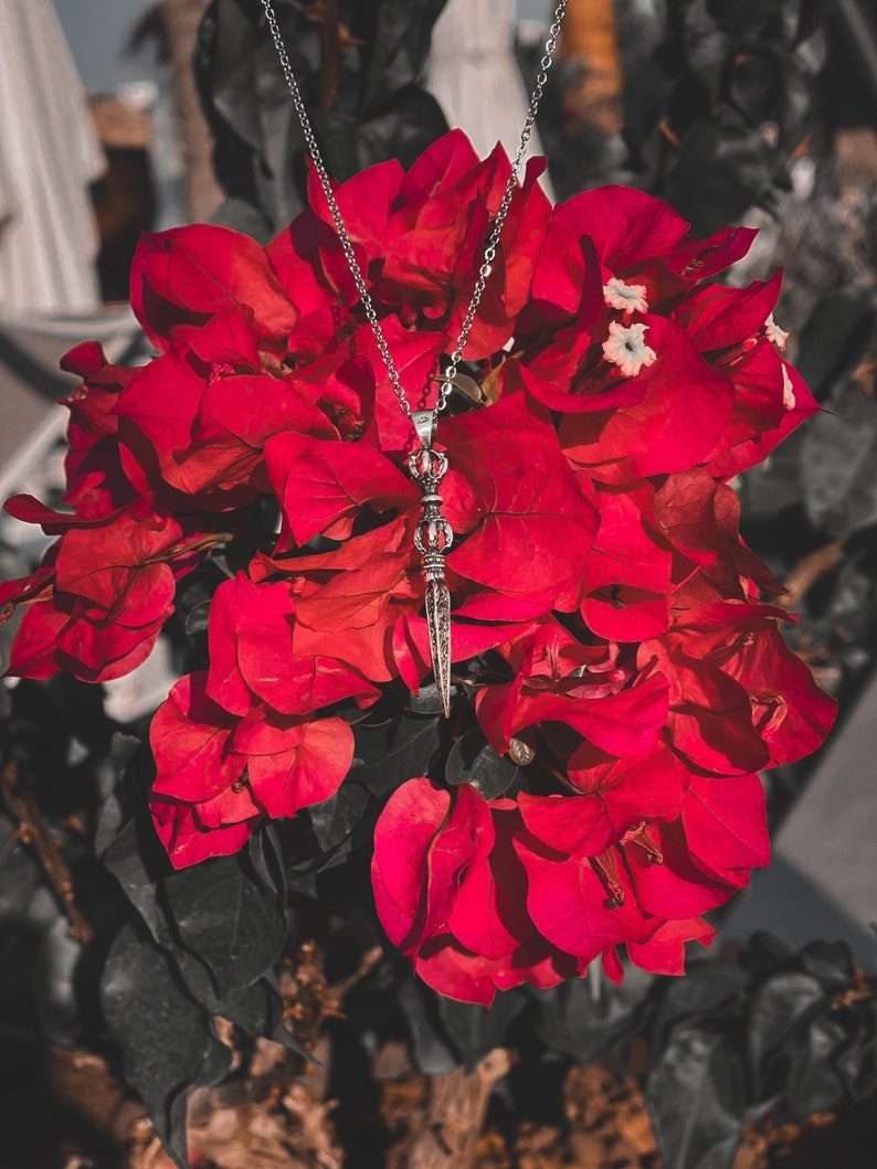 May include: A silver necklace with a detailed pendant hangs from a cluster of vibrant red bougainvillea flowers.