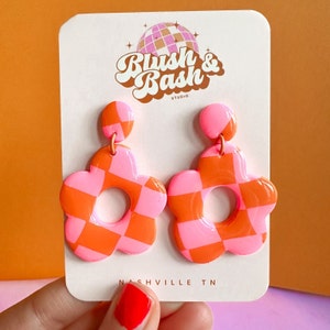 Checker Print Flower Earrings | Groovy Earrings | Pink and Orange Earrings | Handmade Earrings | Floral Earrings | Retro Earrings | Preppy